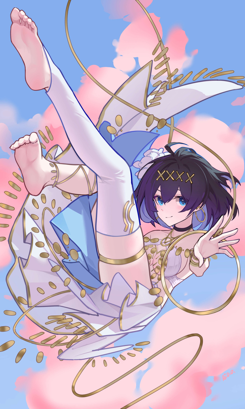 1girl, absurdres, ai_dongdong, bare_shoulders, barefoot, benghuai_xueyuan, black_choker, black_hair, blue_eyes, blue_hair, choker, clouds, cloudy_sky, colored_inner_hair, commentary, earrings, falling, flower, hair_flower, hair_ornament, halterneck, highres, honkai_(series), hoop_earrings, jewelry, looking_at_viewer, multicolored_hair, official_alternate_costume, pink_clouds, seele_vollerei, short_hair, single_thighhigh, skirt, sky, solo, thigh-highs, thigh_strap, white_flower, white_skirt, white_thighhighs