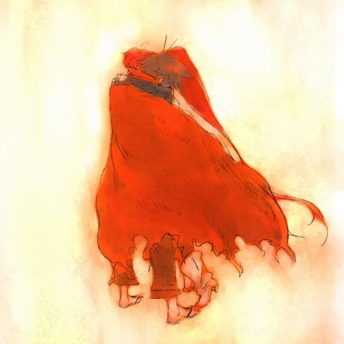 1girl, boots, cape, couple, gloves, holding, hug, kamina, long_hair, moyashi_(narukami), narukami, red_hair, sandals, sepia, spot_color, tengen_toppa_gurren_lagann, very_long_hair, yoko_littner