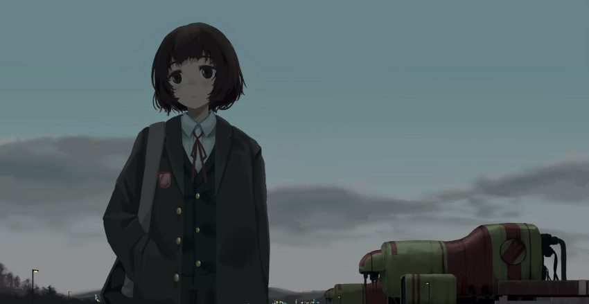 1girl, bag, black_eyes, black_hair, black_jacket, black_vest, blazer, buttons