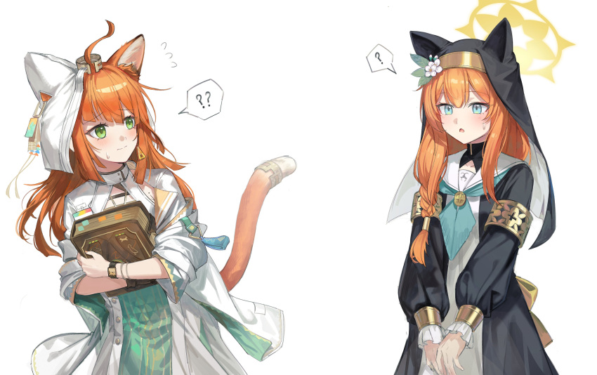2girls, ?, absurdres, animal_ears, arknights, blue_archive, blue_eyes, blue_neckerchief, book, cat_ears, cat_girl, cat_tail, crossover, flower, green_eyes, habit, hair_flower, hair_ornament, halo, highres, holding, holding_book, long_hair, long_sleeves, look-alike, mari_(blue_archive), multiple_girls, neckerchief, nun, open_mouth, orange_hair, papyrus_(arknights), sailor_collar, simple_background, spoken_question_mark, tail, upper_body, watch, watch, white_background, white_sailor_collar, yellow_halo, zapik