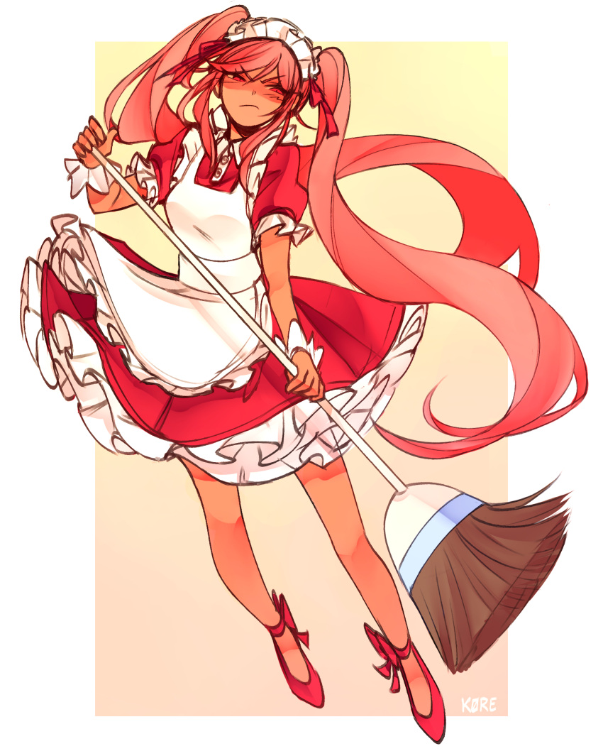 1girl, absurdres, angry, apron, artist_name, blush, border, broom, buttons, closed_mouth, collared_dress, dark-skinned_female, dark_skin, dress, floating_hair, frilled_apron, frilled_sleeves, frills, full_body, gradient_background, hand_up, hashtag-only_commentary, headdress, highres, holding, holding_broom, k0re_drawings, long_hair, maid, maid_headdress, official_alternate_costume, omori, orange_background, outside_border, petticoat, pink_hair, puffy_short_sleeves, puffy_sleeves, red_dress, red_eyes, red_footwear, red_ribbon, ribbon, ribbon-trimmed_headwear, ribbon_trim, short_sleeves, simple_background, solo, sweetheart_(omori), twintails, v-shaped_eyebrows, very_long_hair, white_border, white_headdress, white_wrist_cuffs, wrist_cuffs, yellow_background
