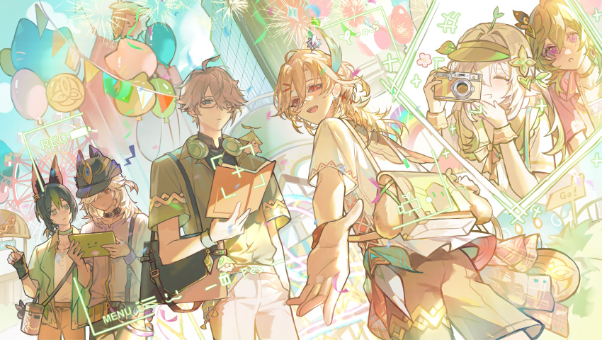 +++, 2girls, 4boys, absurdres, alhaitham_(genshin_impact), alternate_costume, amusement_park, architecture, balloon, camera, collei_(genshin_impact), contemporary, cyno_(genshin_impact), day, genshin_impact, highres, inset, kaveh_(genshin_impact), male_focus, multiple_boys, multiple_girls, nahida_(genshin_impact), outdoors, reaching_towards_another, short_sleeves, summer, tighnari_(genshin_impact), viewfinder, youlin365