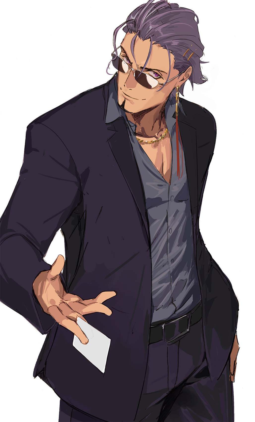 1boy, belt, business_card, duryodhana_(fate), earrings, facial_hair, fate/grand_order, fate_(series)