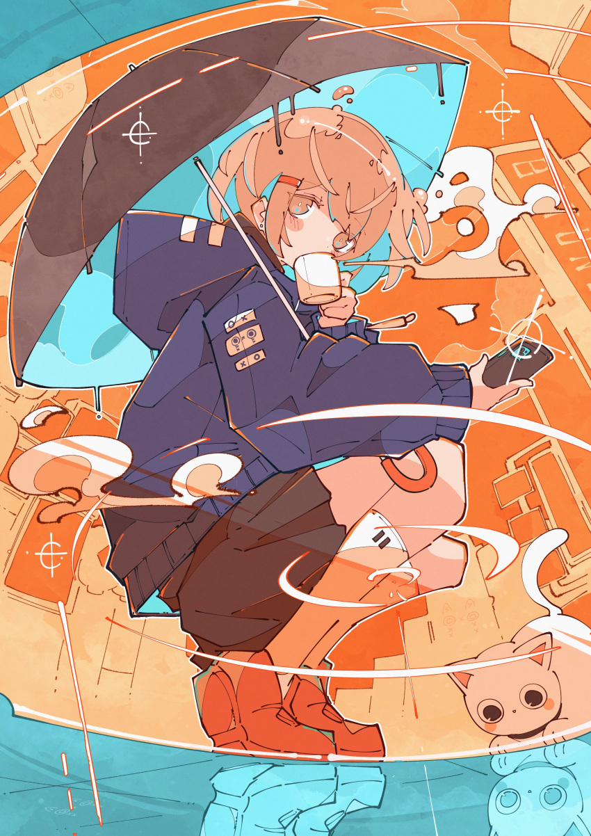 1girl, absurdres, black_skirt, blue_hoodie, building, cat, cellphone, cityscape
