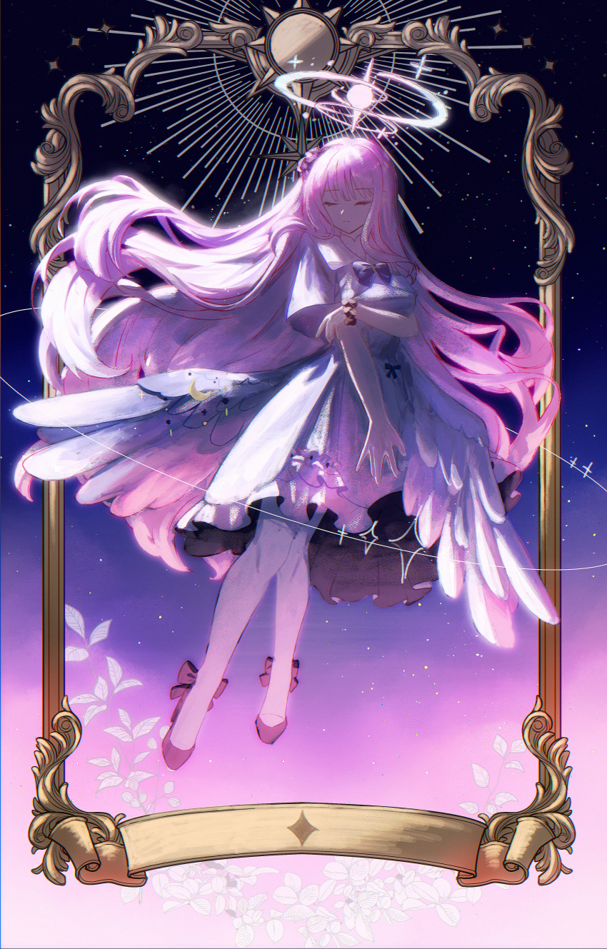 1girl, absurdres, angel_wings, black_footwear, black_scrunchie, blue_archive, breasts, capelet, closed_eyes, dress, feathered_wings, flower, full_body, gradient_background, gradient_halo, hair_bun, hair_flower, hair_ornament, halo, highres, long_hair, low_wings, mika_(blue_archive), multicolored_halo, pantyhose, pink_hair, pink_halo, redhaaaat, scrunchie, single_side_bun, sky, solo, star_(sky), starry_sky, tea_party_(blue_archive), trinity_general_school_swimsuit, white_capelet, white_dress, white_pantyhose, white_wings, wing_ornament, wings, wrist_scrunchie