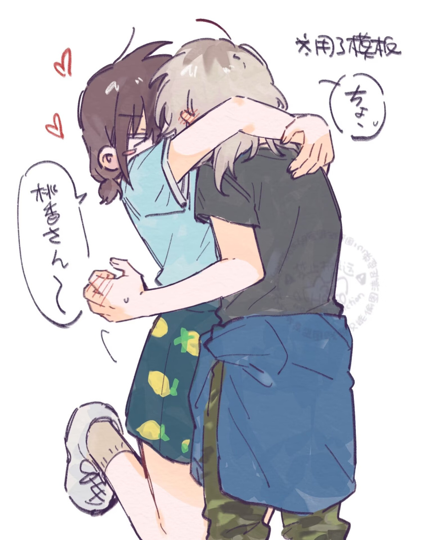 >_<, 2girls, arms_around_neck, black_shirt, blue_jacket, blue_shirt, blue_skirt, blush