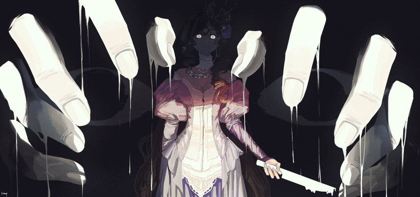 1girl, artist_name, black_hair, black_hat, dark, dark_background, dress, eyes_in_shadow