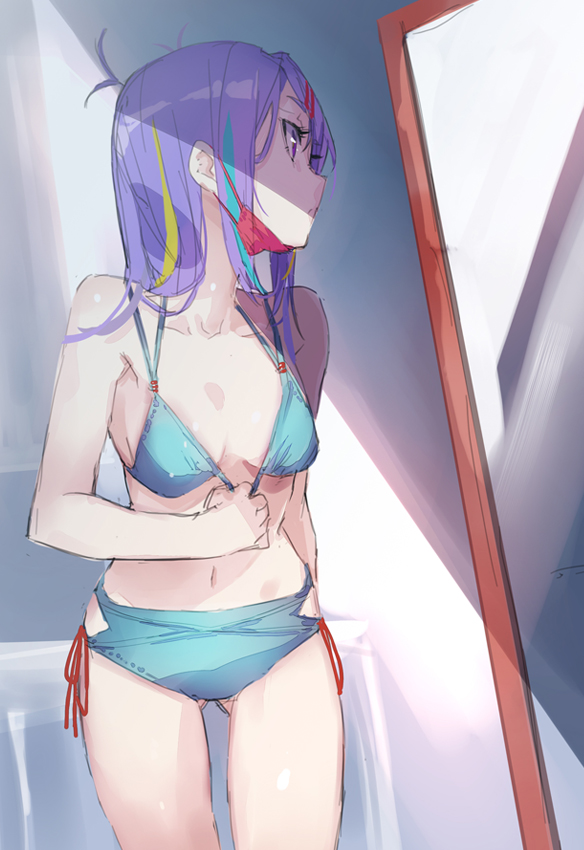1girl, aqua_bikini, bikini, breasts, heaven_burns_red, ishii_iroha, mirror, multicolored_hair