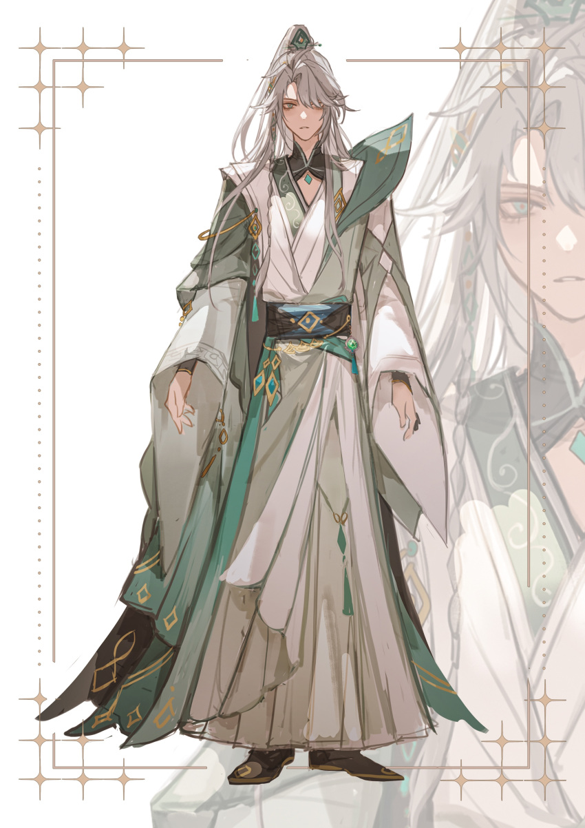1boy, above_cleavage_cutout, absurdres, alhaitham_(genshin_impact), alternate_costume, alternate_hair_length, alternate_hairstyle, arms_at_sides