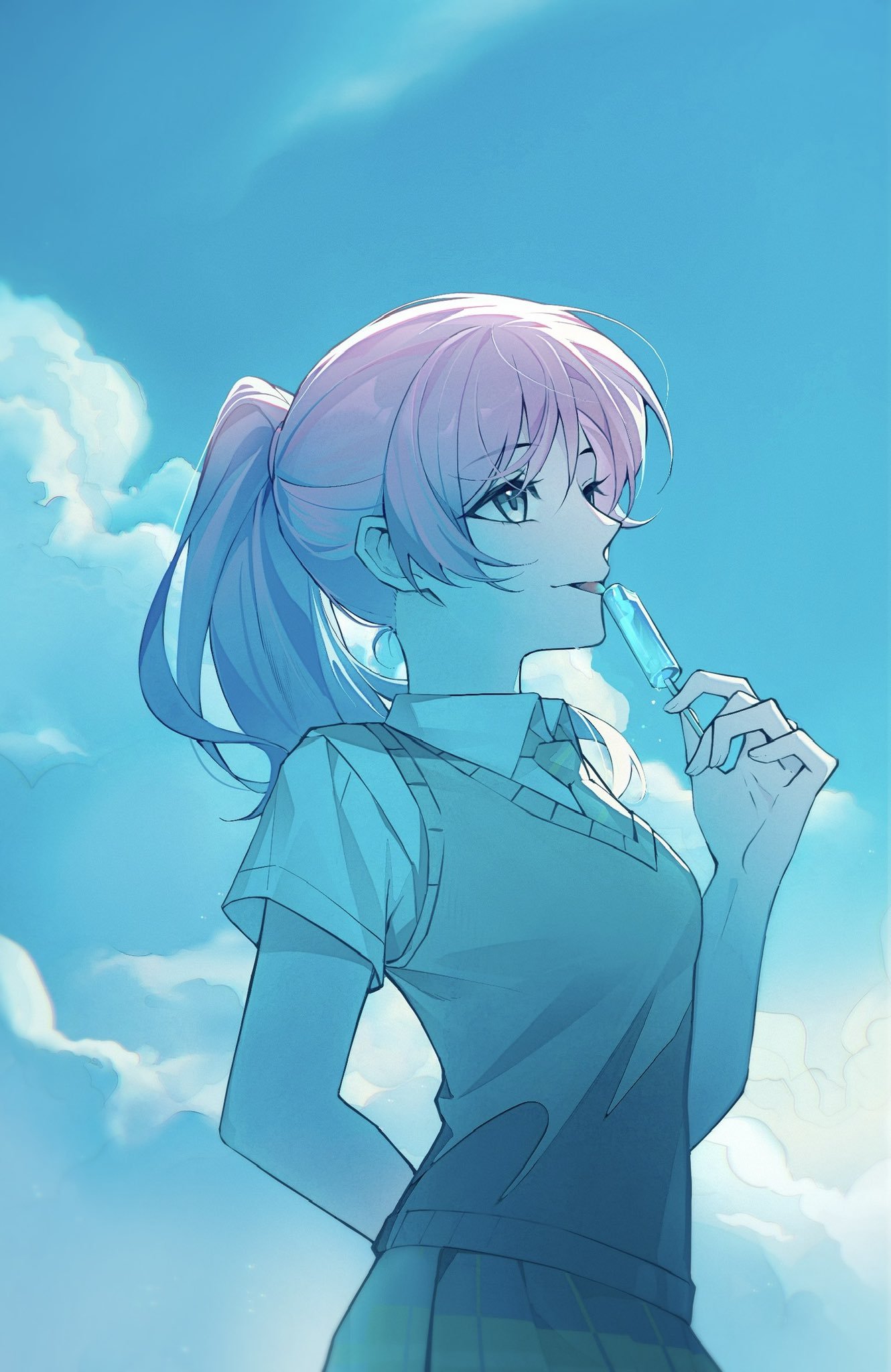1girl, bang_dream!, bang_dream!_it's_mygo!!!!!, blue_eyes, blue_sky, brown_sweater_vest, chihaya_anon, clouds