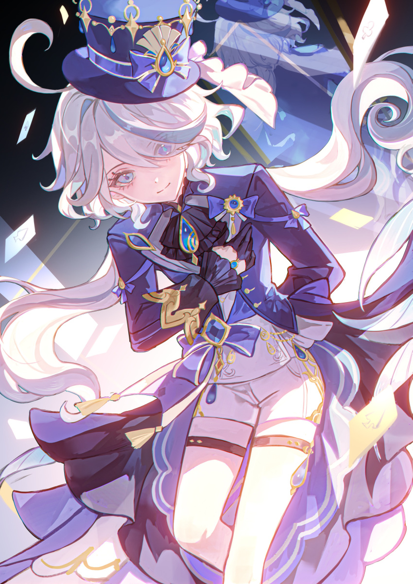 1girl, absurdres, arm_behind_back, bloom, closed_mouth, feet_out_of_frame, floating_hair, furina_(genshin_impact)