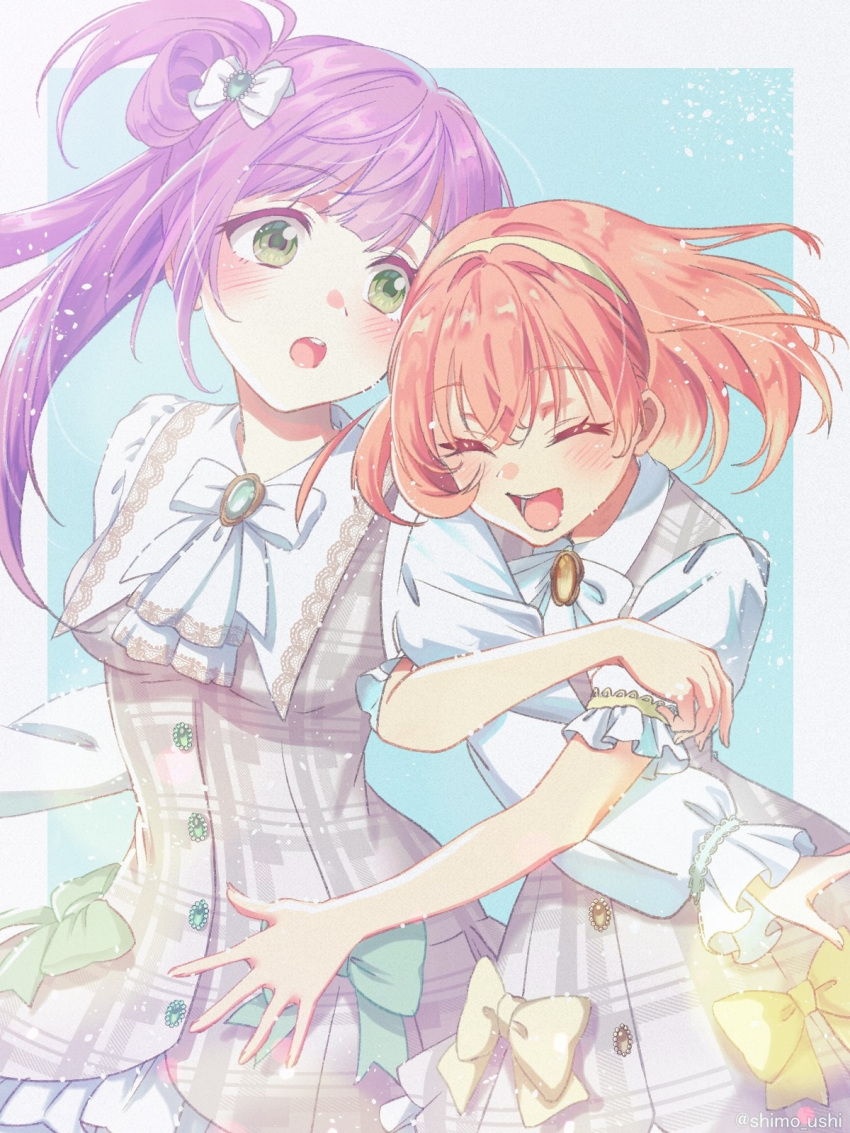 2girls, :o, ^_^, arm_hug, ascot, blue_background, blush, border