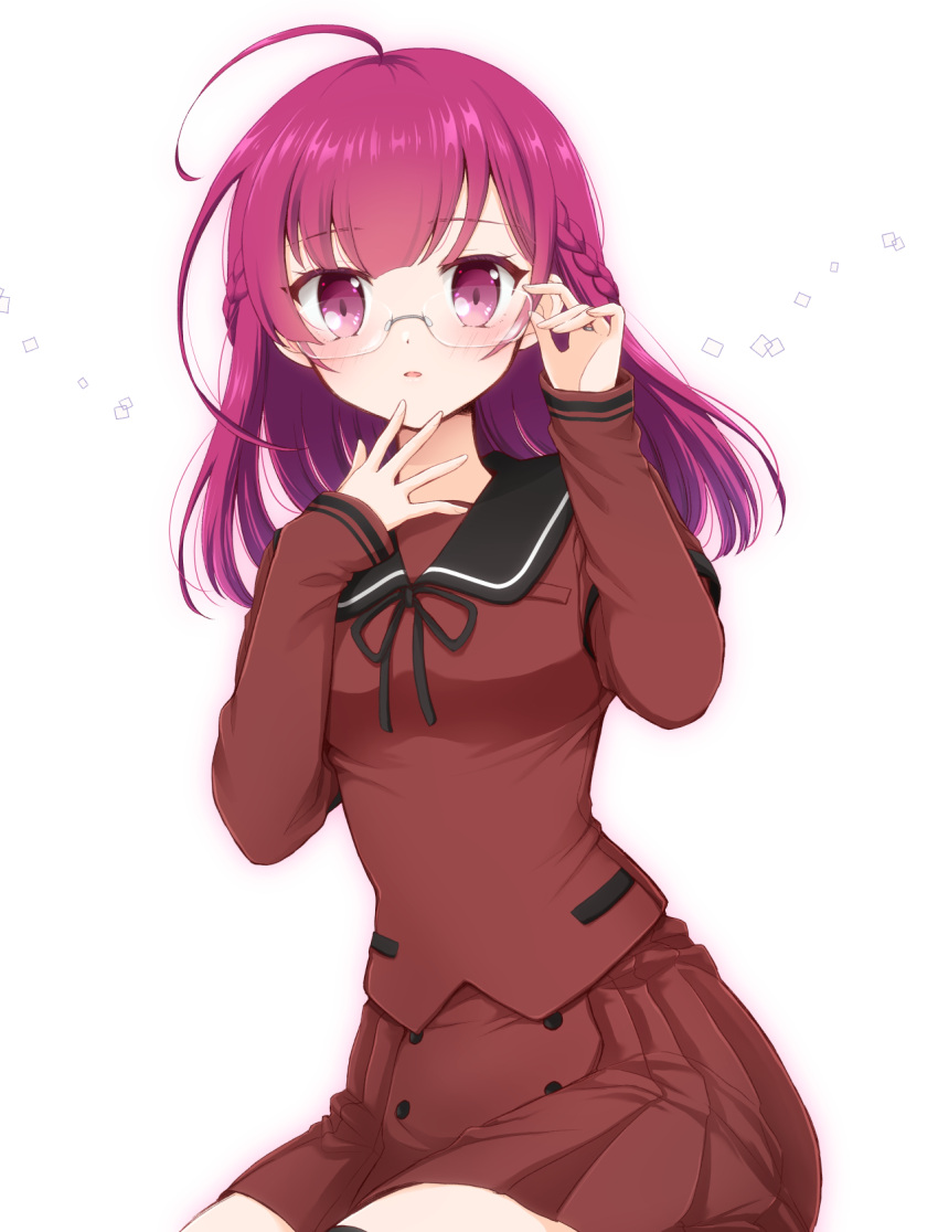 1girl, :o, ahoge, bad_id, bad_twitter_id, black_ribbon, braid, breasts