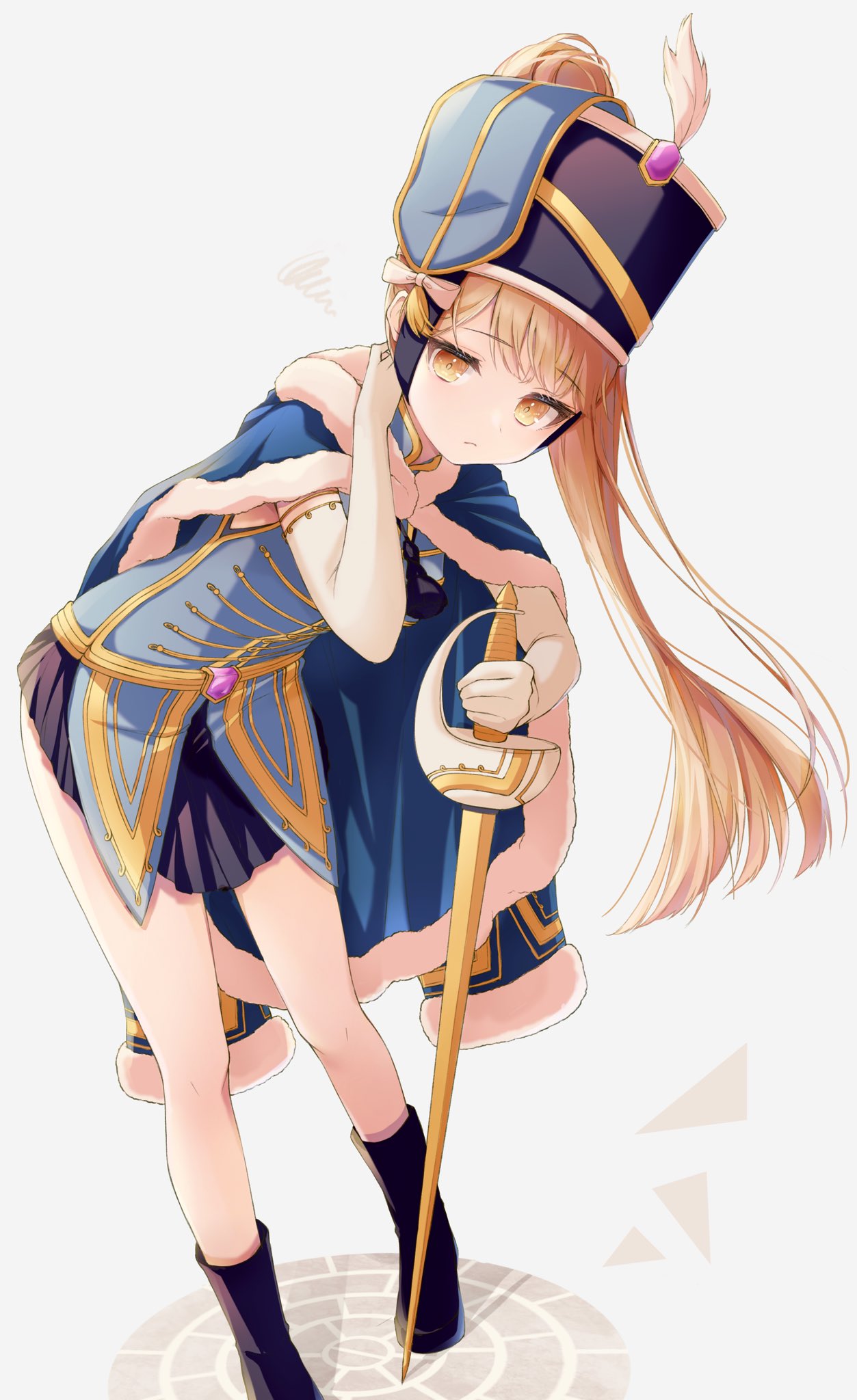 1girl, bad_id, bad_twitter_id, black_footwear, black_hat, blonde_hair, blue_coat, blue_jacket, boots, busby_cap, closed_mouth, coat, coat_on_shoulders, elbow_gloves, full_body, fur-trimmed_coat, fur_trim, fusuma_(ramunezake), gloves, hat, hat_feather, highres, holding, holding_sword, holding_weapon, jacket, kirari_hikaru, leaning_forward, long_hair, long_sleeves, looking_at_viewer, magia_record:_mahou_shoujo_madoka_magica_gaiden, magical_girl, mahou_shoujo_madoka_magica, ponytail, rapier, simple_background, solo, standing, sword, weapon, white_gloves, yellow_eyes