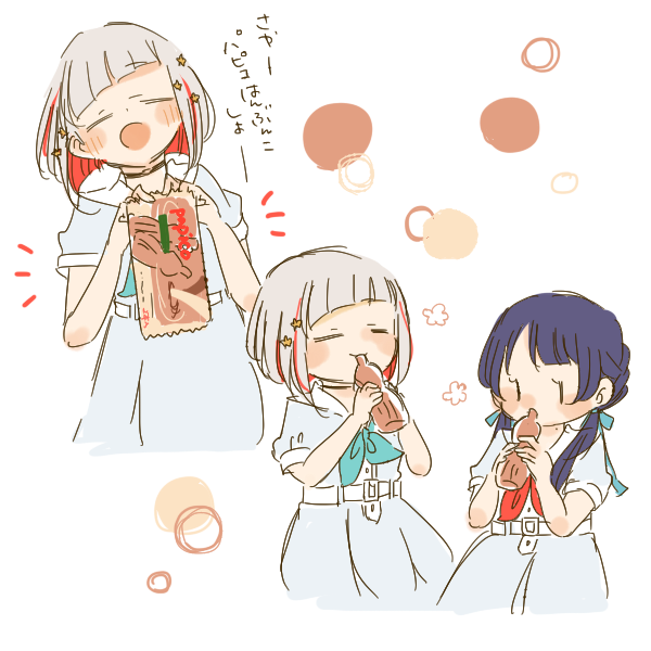 2girls, :3, :o, aqua_neckerchief, black_choker, blue_dress, blue_hair, blue_ribbon