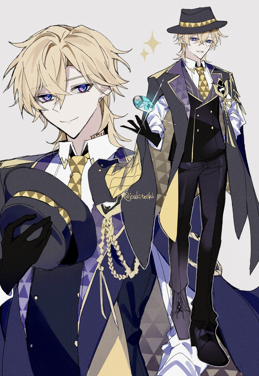 1boy, absurdres, aventurine_(honkai:_star_rail), aventurine_(stoneheart's_oath_ring:_both_ends_of_the_scale)_(honkai:_star_rail), black_coat, black_footwear, black_gloves, black_hat