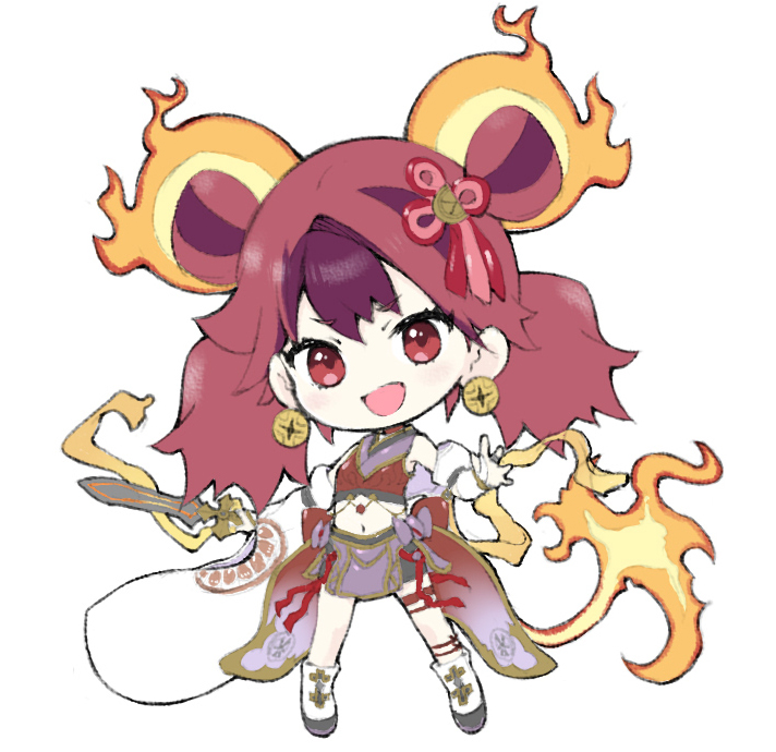 1girl, bell, bell_earrings, chibi, chibi_only, commentary, double_bun, duel_monster, earrings, fiery_hair, fiery_tail, full_body, ha-re_the_sword_mikanko, hair_bun, hair_ornament, holding, holding_sword, holding_weapon, jewelry, light_blush, looking_at_viewer, multicolored_hair, nakazawa_aki, navel, open_mouth, purple_hair, red_eyes, redhead, simple_background, solo, sword, tail, twintails, two-tone_hair, weapon, white_background, yu-gi-oh!