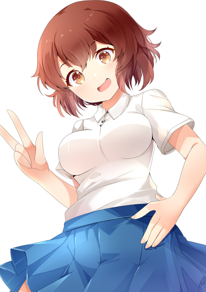 1girl, absurdres, aru_(arudes), blue_skirt, brown_eyes, brown_hair, collared_shirt, dress_shirt, hair_between_eyes, hand_on_own_hip, highres, inokuma_youko, kin-iro_mosaic, moegi_high_school_uniform, open_mouth, school_uniform, shirt, short_hair, simple_background, skirt, solo, v, white_background, white_shirt