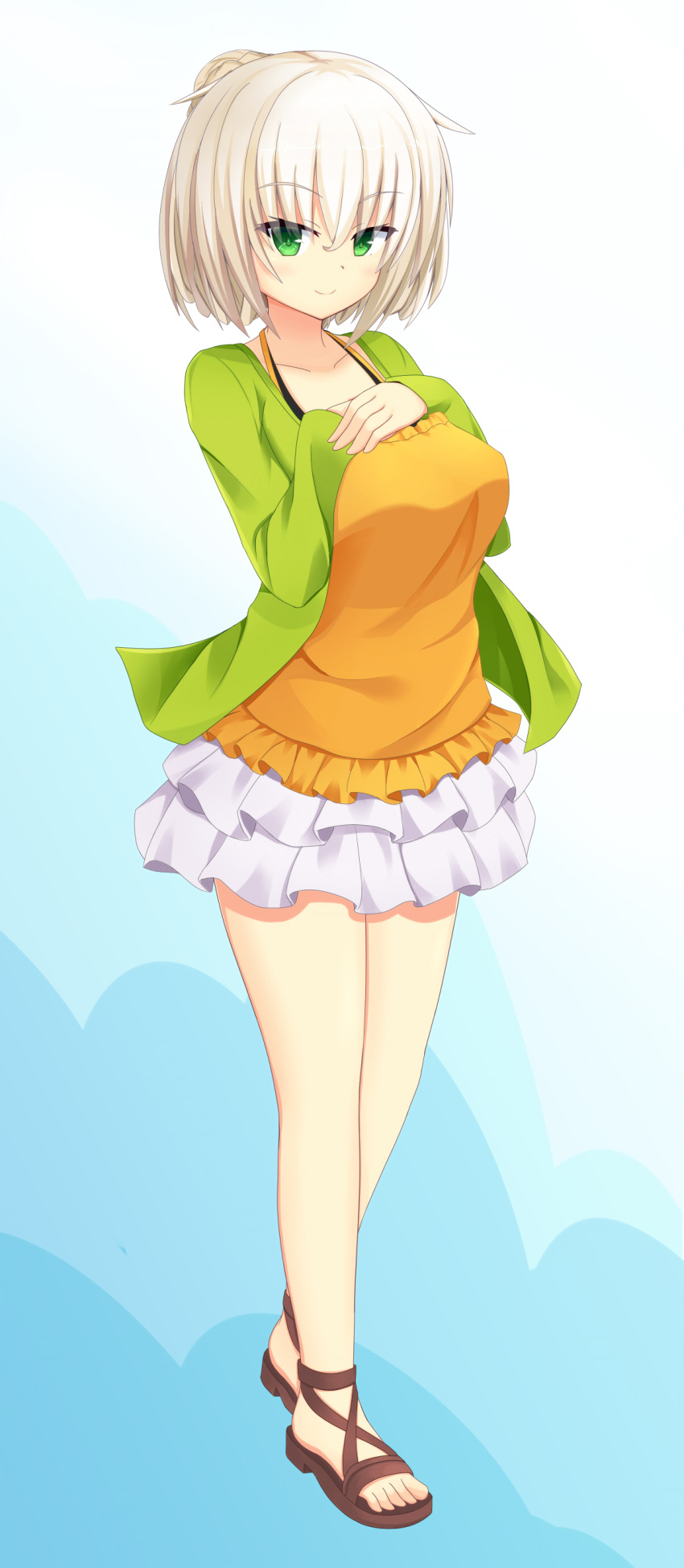 1girl, absurdres, blue_background, blush, breast_suppress, bright_pupils, closed_mouth, collarbone, commentary_request, eyes_visible_through_hair, frilled_shirt, frills, full_body, gradient_background, green_eyes, green_jacket, hair_between_eyes, hair_bun, halterneck, hands_on_own_chest, happy, highres, jacket, light_brown_hair, lineact, looking_at_viewer, miniskirt, no_socks, nora_to_oujo_to_noraneko_heart, open_clothes, open_jacket, orange_shirt, pleated_skirt, sandals, shirt, short_hair, simple_background, single_hair_bun, skirt, sleeves_past_wrists, smile, solo, standing, straight_hair, tachi-e, white_background, white_skirt, yuuri_shachi
