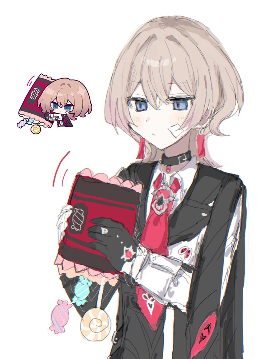 1girl, black_gloves, black_jacket, blue_eyes, candy, chibi, done_(qz1c_), food