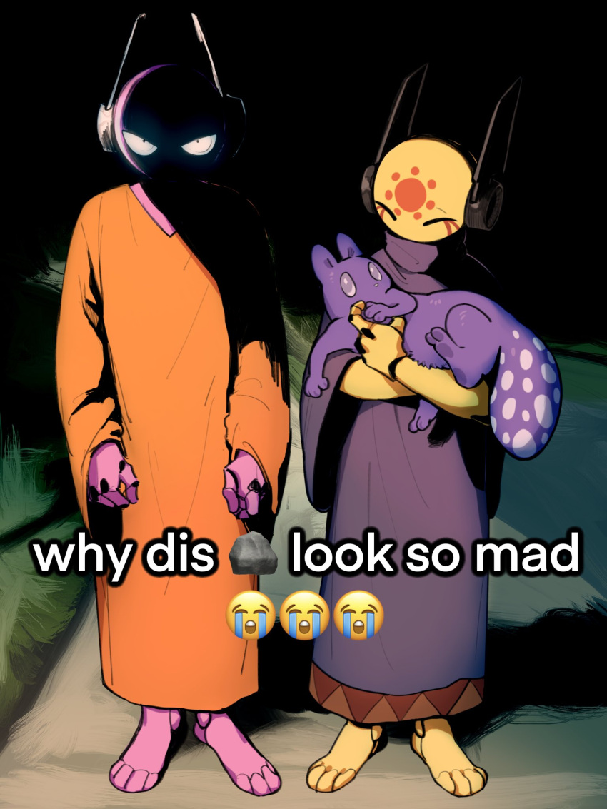1boy, 1girl, ^_^, androgynous, angry, closed_eyes, colored_skin, creature, crying_emoji, emoji, english_text, facial_mark, facing_viewer, five_pebbles, forehead_mark, full_body, highres, holding, humanoid_robot, iterator_(rain_world), izz_owooo, looking_at_creature, looking_at_viewer, meme, no_humans, no_mouth, no_nose, orange_robe, pink_skin, purple_robe, rain_world, robe, robot, robot_ears, seven_red_suns, simple_background, slugcat, spearmaster_(rain_world), standing, tail, why_dis_ninja_look_so_mad_(meme), yellow_skin