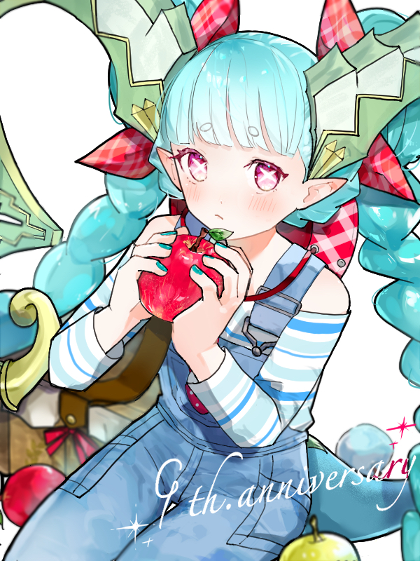 1girl, alternate_costume, apple, blue_nails, blue_overalls, cbdooicsakurako, closed_mouth, clothing_cutout
