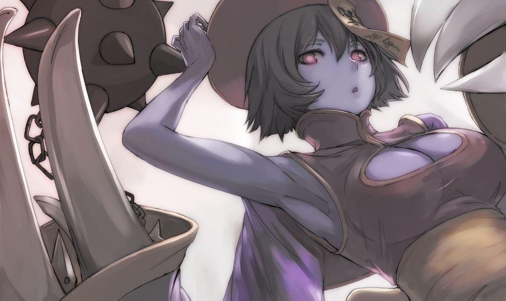 black_hair, blue_skin, breasts, capcom, chinese_clothes, claws, cleavage_cutout, darkstalkers