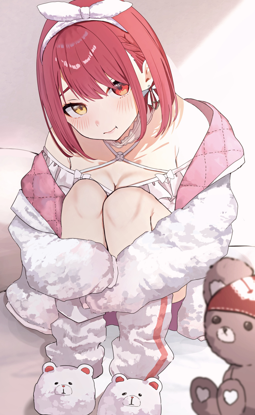 1girl, absurdres, blush, coat, earrings, gold_earrings, headband, heart, heart_earrings, heterochromia, highres, hololive, houshou_marine, houshou_marine_(8th_costume), jewelry, kashio_(92984798), looking_at_viewer, nightgown, official_alternate_costume, puffy_cheeks, red_eyes, redhead, short_hair, solo, stuffed_animal, stuffed_toy, teddy_bear, virtual_youtuber, white_coat, white_headband, white_nightgown, yellow_eyes
