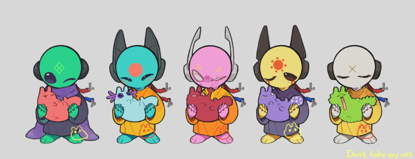 2boys, 3girls, :p, ;<, ^_^, androgynous, artificer_(rain_world), blue_skin