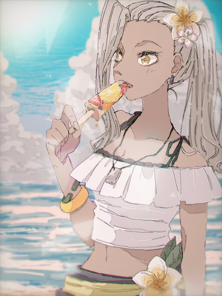 1girl, bangle, bracelet, clouds, cloudy_sky, dark-skinned_female, dark_skin, dog_tags