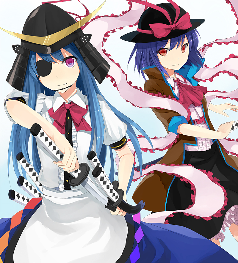 bad_id, blue_hair, cosplay, date_masamune, date_masamune_(cosplay), date_masamune_(sengoku_basara), eyepatch, helmet