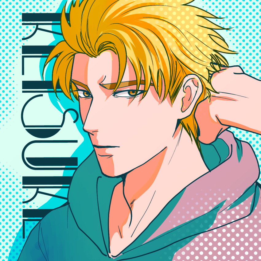 1boy, blonde_hair, brown_eyes, character_name, closed_mouth, hand_in_own_hair, hood, hood_down, hooded_sweater, initial_d, looking_at_viewer, male_focus, portrait, purple_sweater, short_hair, sketch, solo, sweater, takahashi_keisuke, ushi_yama