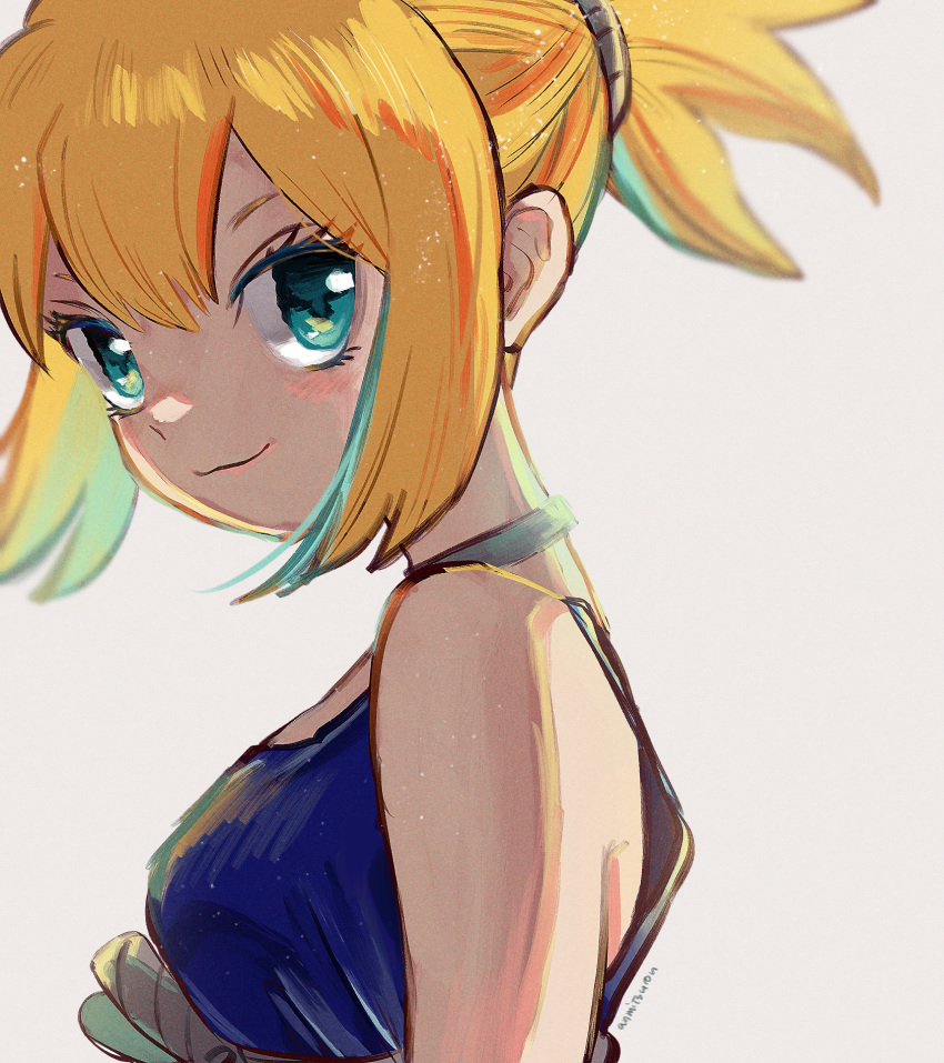 1girl, :3, anmitsu10n, bare_arms, blonde_hair, blue_dress, closed_mouth, dr._stone, dress, green_eyes, grey_background, hair_between_eyes, highres, kohaku_(dr._stone), looking_at_viewer, sleeveless, sleeveless_dress, solo, upper_body