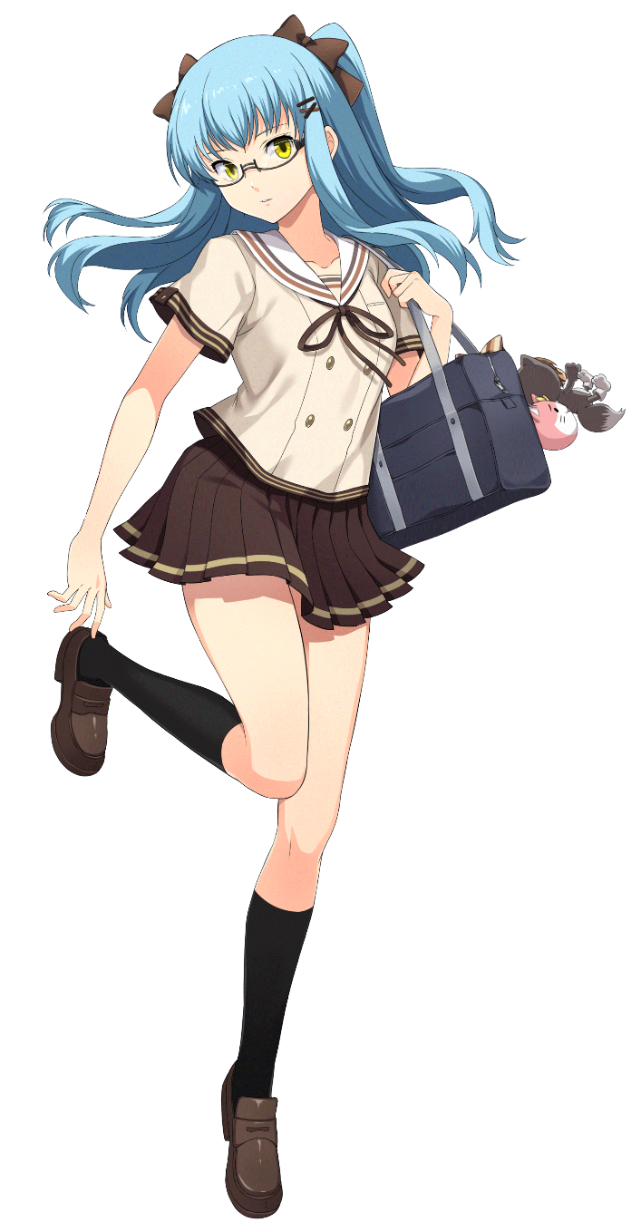 1girl, adjusting_footwear, akatsuki_no_kiseki, alternate_costume, bag, black_bow, black_ribbon, black_skirt, black_socks, blue_hair, bow, eiyuu_densetsu, floating_hair, glasses, hair_bow, hair_ornament, head_tilt, highres, looking_at_viewer, miniskirt, mishette, mishy, neck_ribbon, official_art, pleated_skirt, ribbon, sailor_collar, sailor_shirt, school_bag, school_uniform, shirt, short_hair, short_sleeves, skirt, socks, solo, standing, standing_on_one_leg, tio_plato, transparent_background, twintails, white_sailor_collar, white_shirt, x_hair_ornament, yellow_eyes, zero_no_kiseki