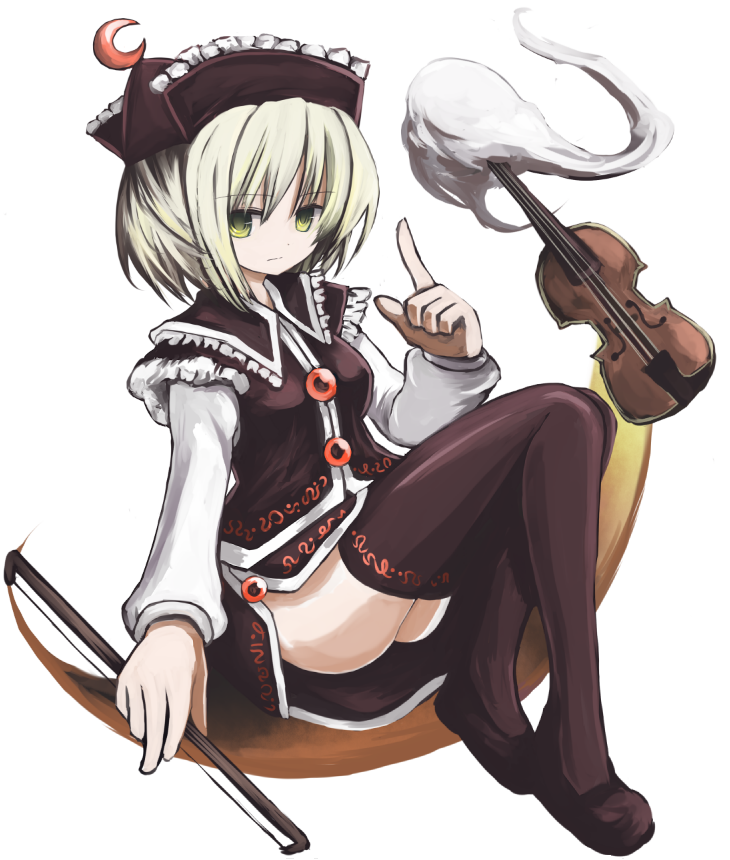 bad_id, black_legwear, black_thighhighs, blonde_hair, bow_(instrument), crescent, crescent_moon, expressionless
