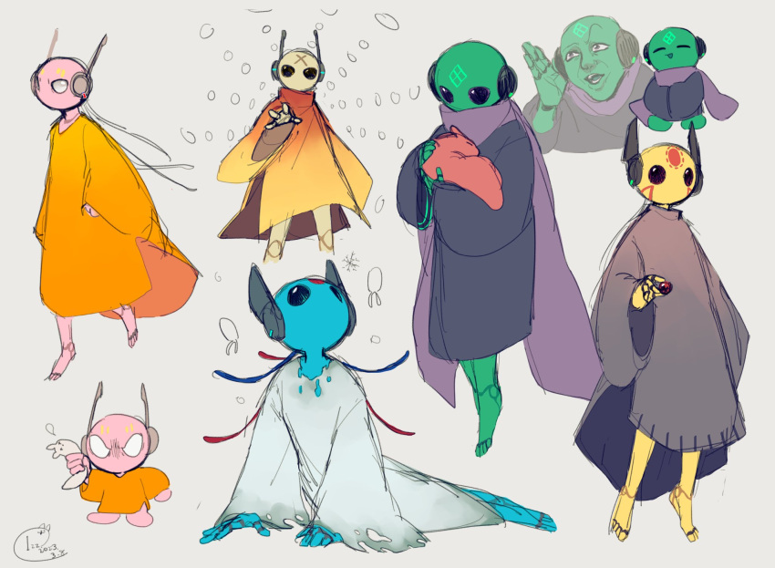 2boys, 3girls, ^v^, androgynous, artist_name, black_eyes, blank_eyes, blue_skin