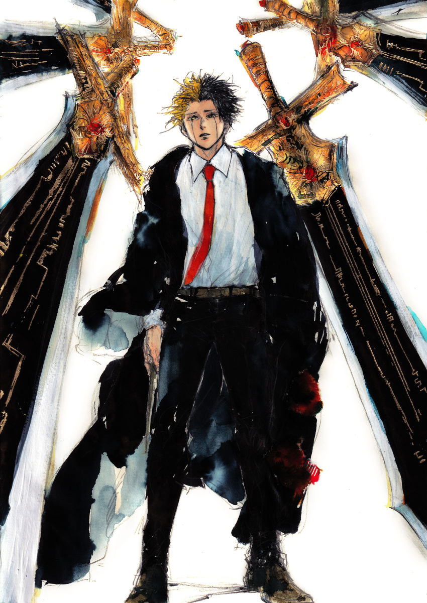 1boy, absurdres, black_coat, black_hair, blonde_hair, coat, collared_shirt, full_body