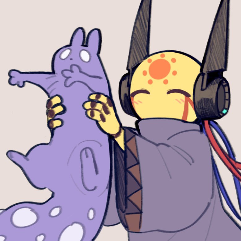 1girl, ^_^, androgynous, blank_eyes, brown_background, cable, closed_eyes, colored_skin