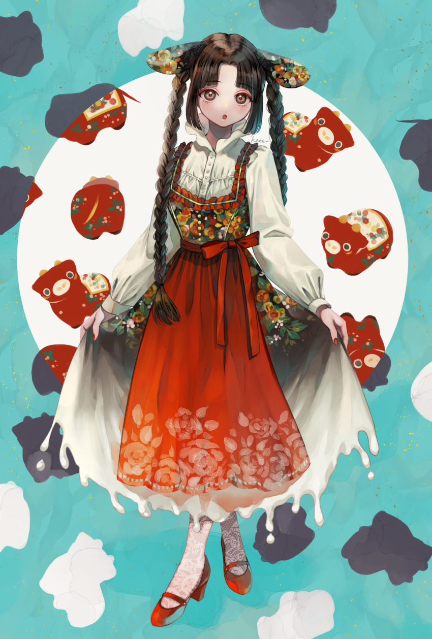 1girl, :o, braid, brown_eyes, chinese_zodiac, curtsey, dress, floral_print