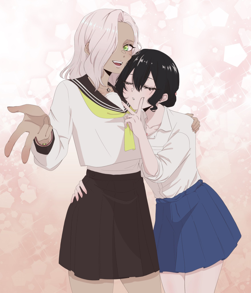 2girls, black_hair, blue_skirt, blurry, bokeh, brown_skirt, closed_eyes, depth_of_field
