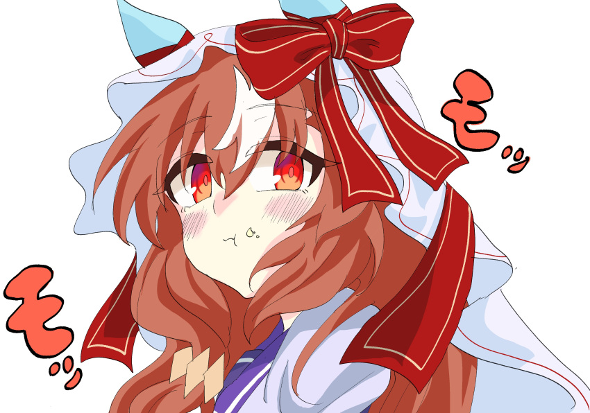 1girl, absurdres, animal_ears, blush, brown_hair, closed_mouth, eating, food_in_mouth, hair_between_eyes, hair_ornament, highres, horse_ears, looking_at_viewer, muchi3333, portrait, red_eyes, ribbon, school_uniform, simple_background, still_in_love_(umamusume), tracen_school_uniform, umamusume, veil, white_background