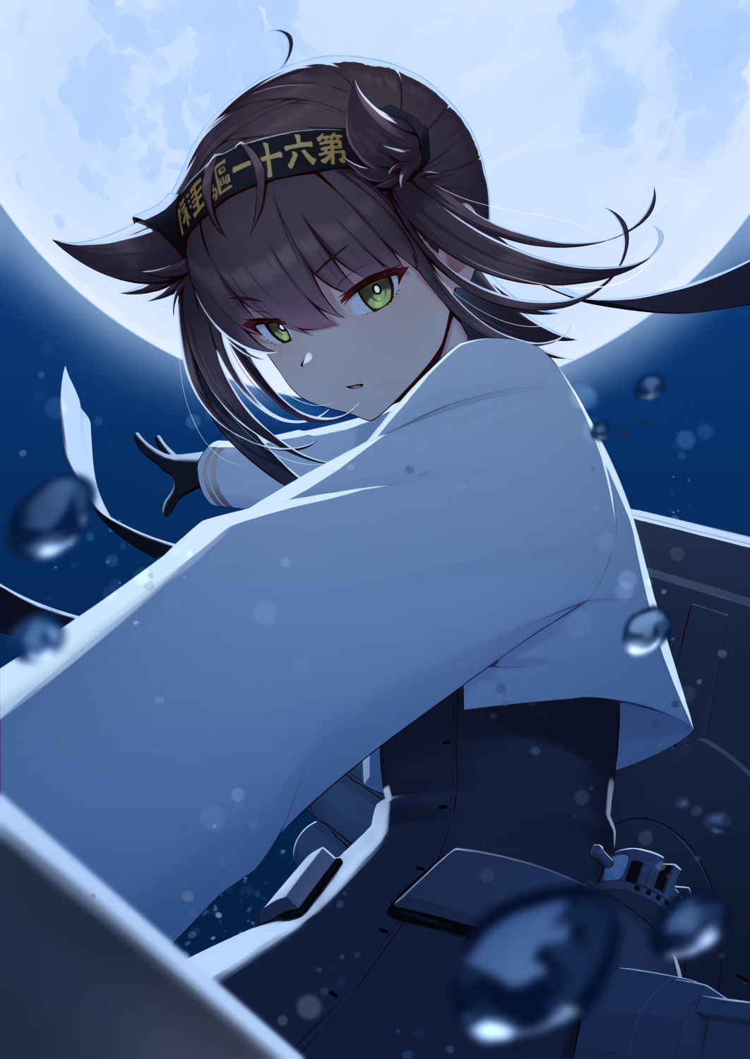 1girl, adapted_turret, black_bodysuit, black_headband, black_skirt, bodysuit, breasts, brown_eyes