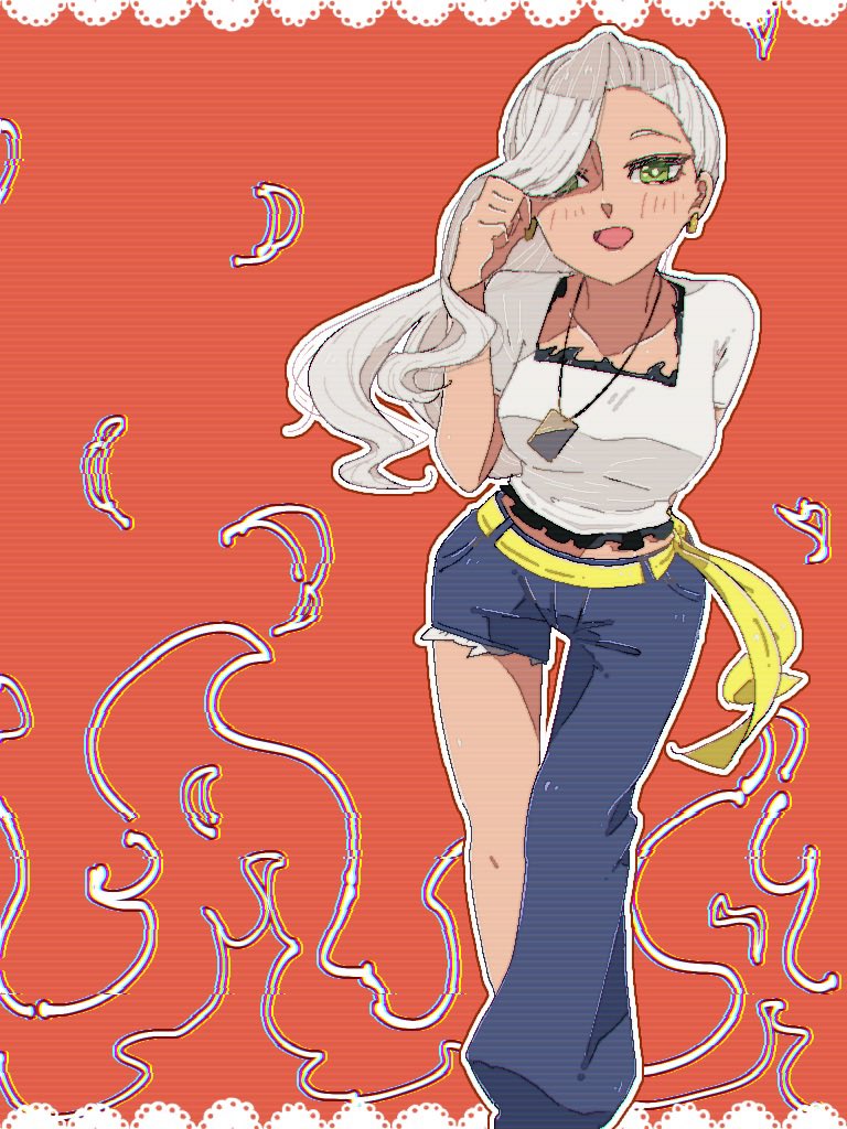 1girl, adjusting_hair, asymmetrical_pants, border, dark-skinned_female, dark_skin, denim, dog_tags