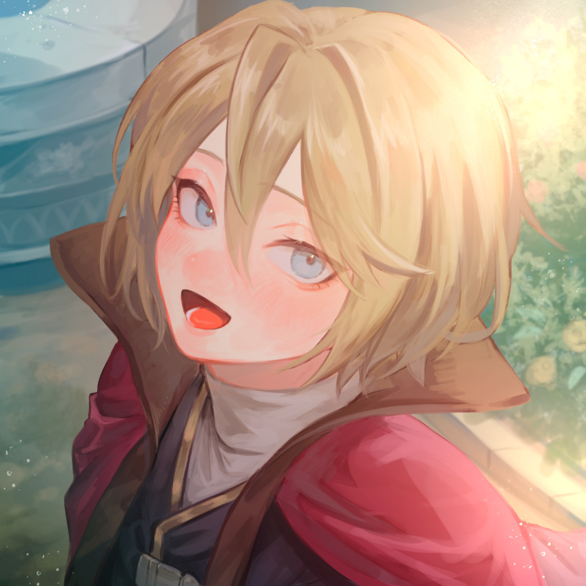1boy, auch_(unicorn_overlord), bishounen, black_robe, blonde_hair, blue_eyes, blush, commentary_request, eyelashes, hair_between_eyes, happy, high_collar, highres, light_particles, looking_at_viewer, male_focus, open_mouth, outdoors, portrait, robe, shirt, short_hair, sidelighting, smile, solo, turtleneck, turtleneck_shirt, unicorn_overlord, yatyou6666