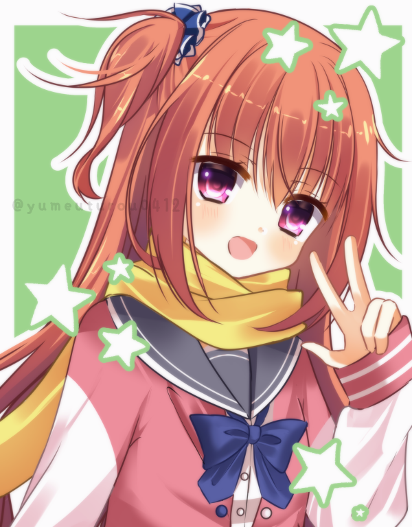 1girl, :d, blue_bow, blue_scrunchie, blush, border, bow, commentary_request