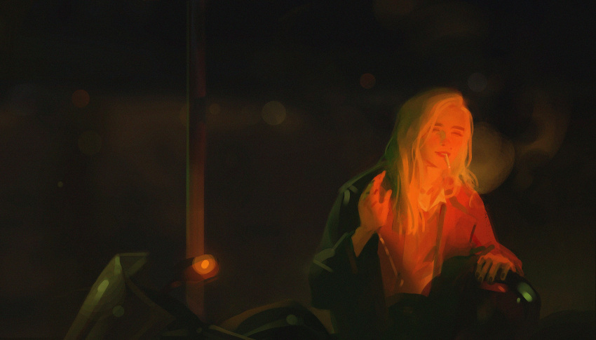 1girl, absurdres, ashe_(overwatch), black_jacket, black_nails, cigarette, closed_eyes, commentary, efferwescent, english_commentary, highres, jacket, long_hair, mole, mole_above_mouth, motor_vehicle, motorcycle, nail_polish, night, outdoors, overwatch, smoke, smoking, solo, waving