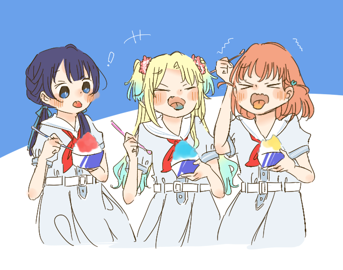 !, >_<, +++, 3girls, blonde_hair, blue_background, blue_dress, blue_eyes
