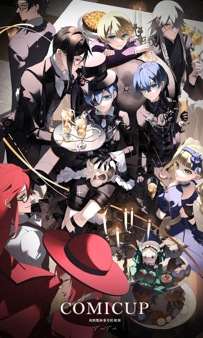 2girls, 6+boys, absurdres, agni_(kuroshitsuji), alois_trancy, apple_pie, black_bow, black_bowtie