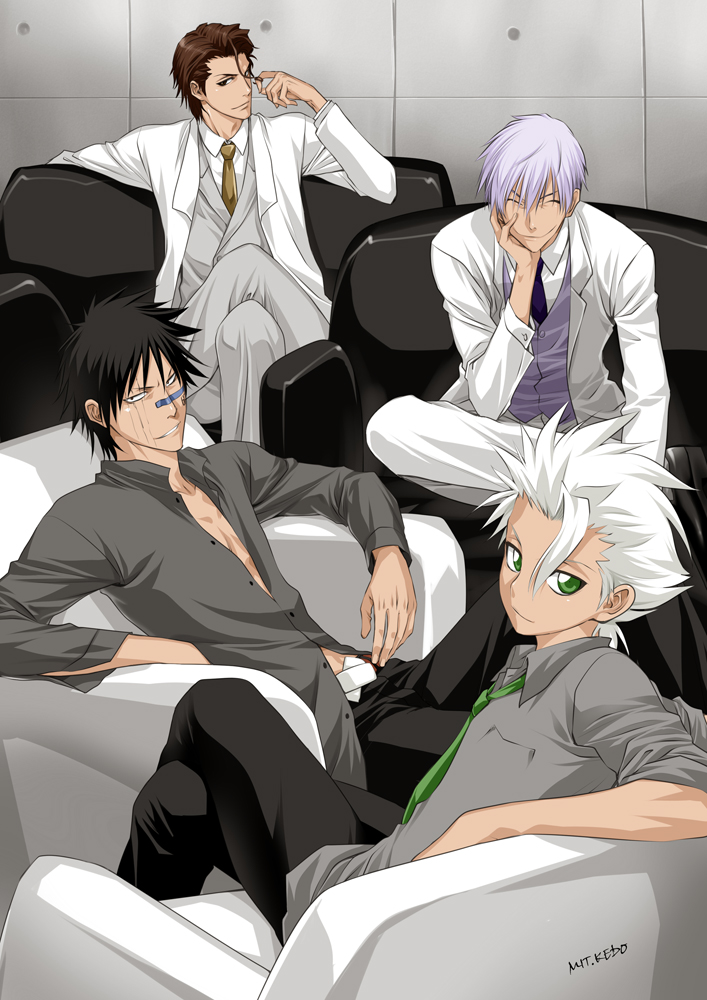 aizen_sousuke, belt, black_hair, bleach, brown_eyes, brown_hair, formal, green_eyes