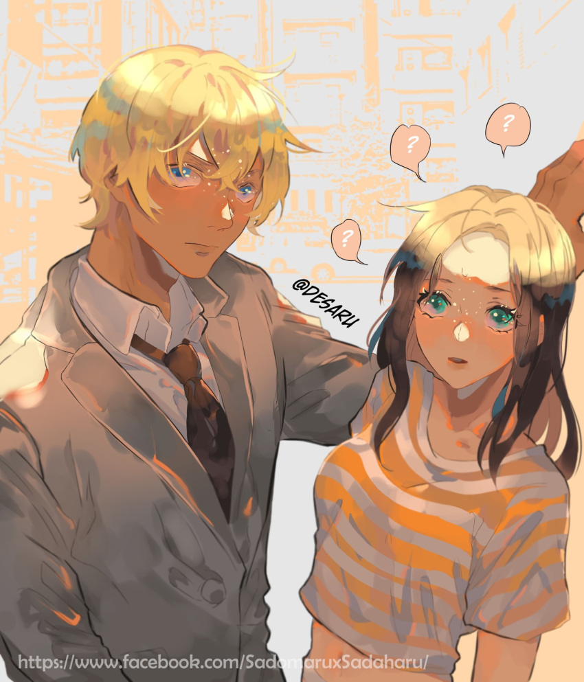 1boy, 1girl, amuro_tooru, black_necktie, blonde_hair, blue_eyes, closed_mouth, coat, desaru, facebook_username, grey_coat, highres, imdesaru, looking_at_viewer, medium_hair, meitantei_conan, necktie, shirt, short_hair, striped_clothes, striped_shirt, t-shirt, twitter_username, white_shirt
